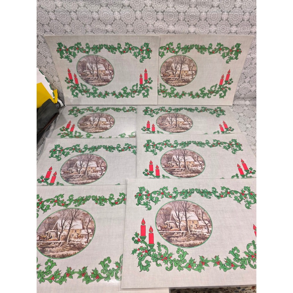 8 Vintage Christmas Placemats Winter‎ Scene Holly Candle Decor Currier & Ives